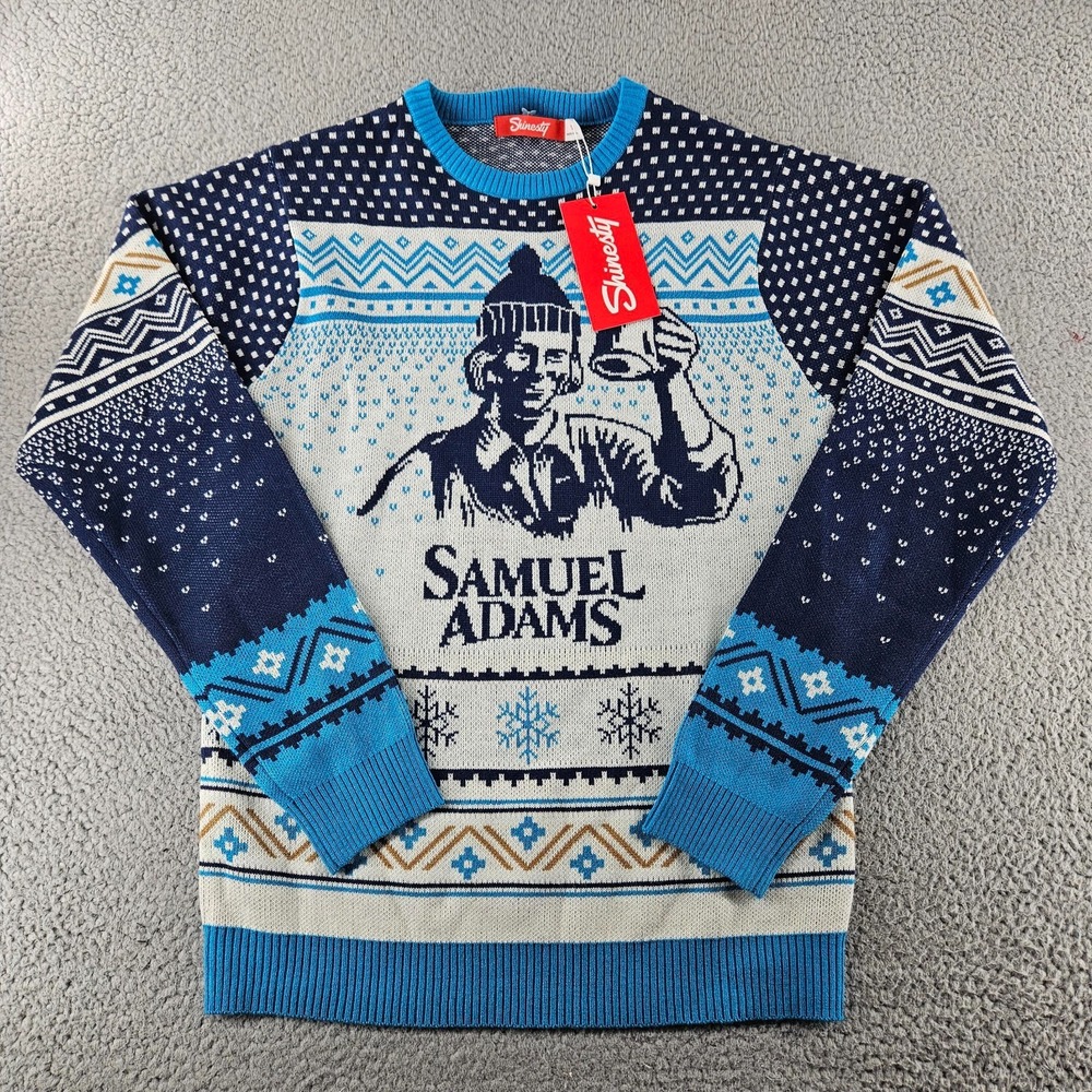Shinesty Ugly Christmas‎ Sweater Mens Small Blue Samuel Adams Beer Tacky Holiday